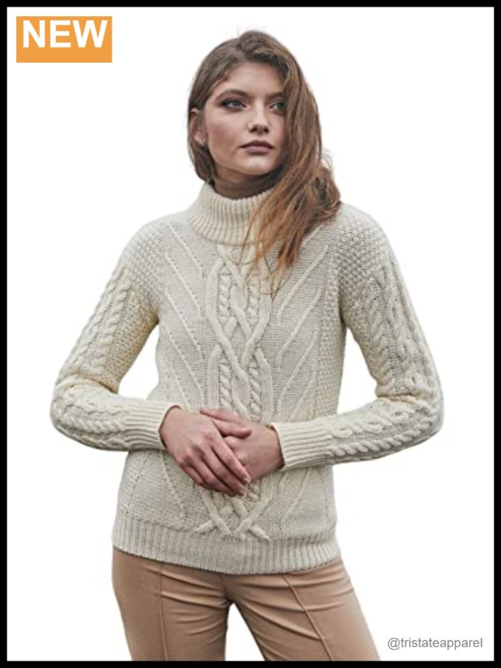 100% Merino Wool Women's Aran Cable Knit Turtleneck Sweater Pullover